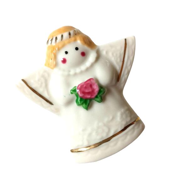 Vintage Ceramic Angel Brooch Christmas Holiday Pink Rose Lapel Pin VTG - Picture 5 of 7